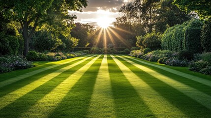 A perfectly manicured lawn with striped shadows. Use this photo for themes of landscaping, gardening, and nature.