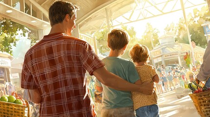 Obraz premium Family Outing at the Market A Joyful Day with Kids in the Sunlight