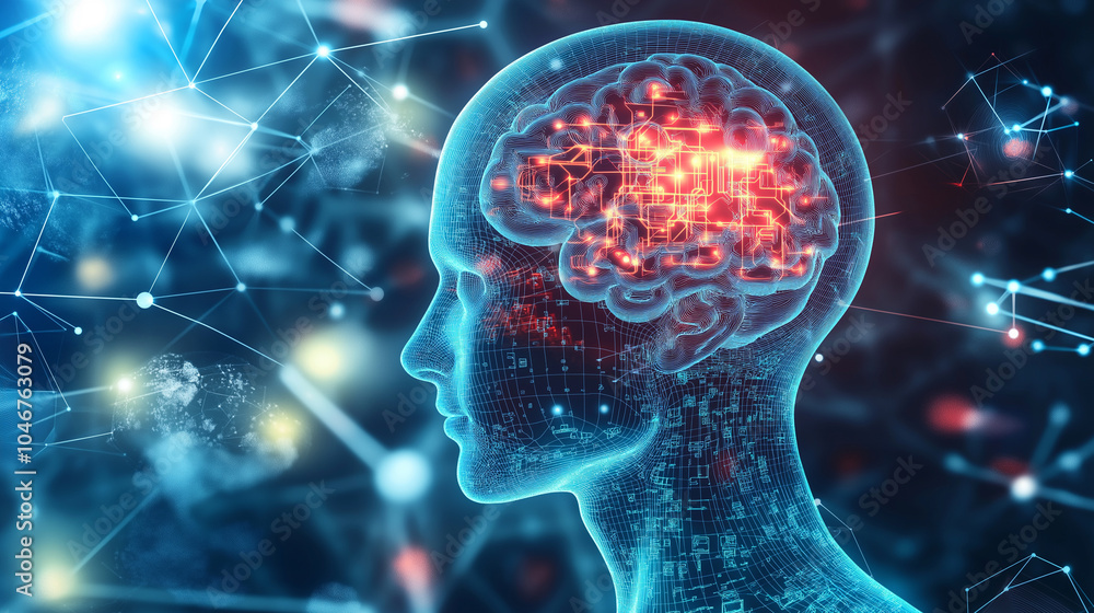 Poster digital human head made of interconnected lines and nodes, symbolizing artificial intelligence and t