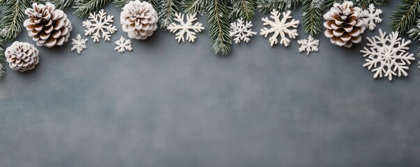 Fototapeta premium A festive arrangement featuring pinecones and snowflakes on a textured background, perfect for winter or holiday-themed decor.