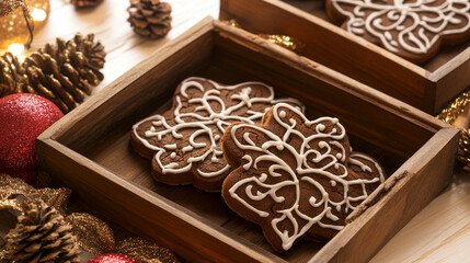 Fototapeta premium Gingerbread Snowflake Cookies in Wooden Box: A festive and delicious arrangement of gingerbread snowflakes, artfully decorated with white icing, nestled in a rustic wooden box.