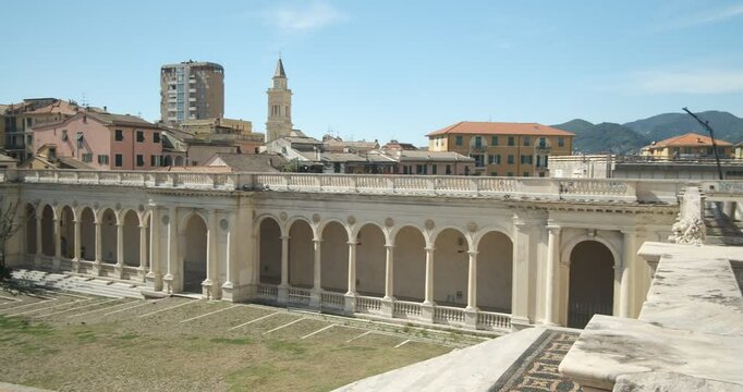 Ligurian city. Piazza Guglielmo Marconi.The historic center of the town of Lavagna in Liguria with the Brignardello portico. Lavagna, Liguria, Italy