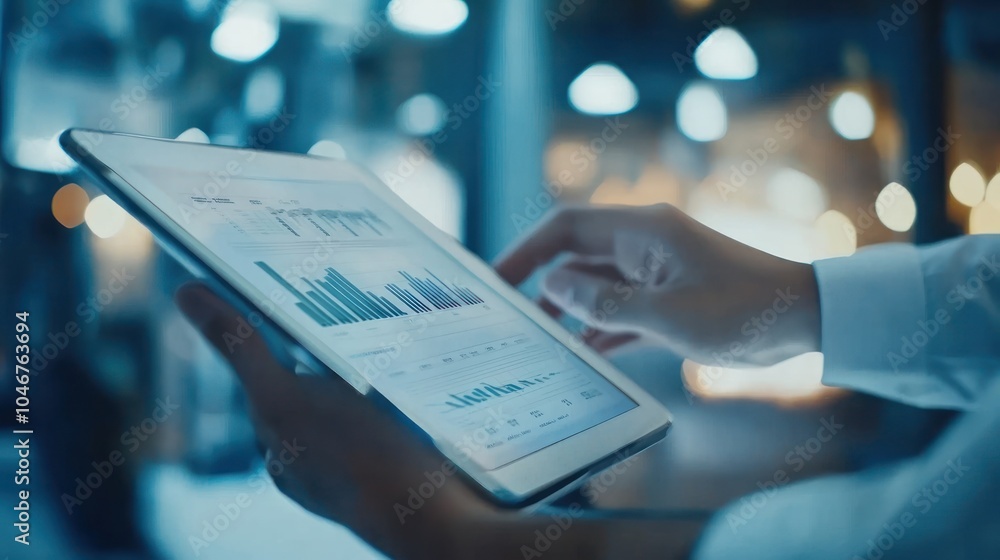 Poster a person interacting with a tablet displaying data analytics and graphs.
