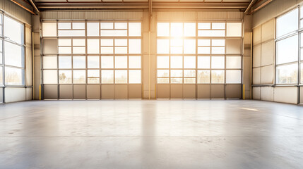 Obraz premium Large empty industrial warehouse with high windows and sunlight streaming through, casting long shadows.
