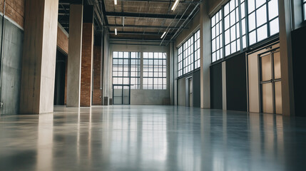 Large empty industrial warehouse with high windows and sunlight streaming through, casting long shadows.