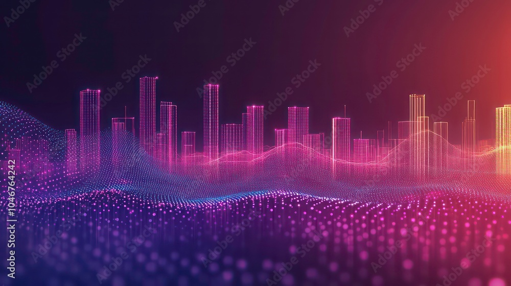Poster abstract digital city skyline with glowing neon lights and a wave of particles in the foreground.