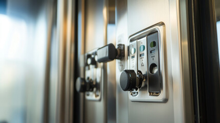 Industrial Control Panel Close-Up: Detailed view of a sleek, metallic industrial control panel with various knobs, switches, and levers.  Focus on precision engineering and functionality.