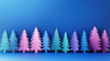 Obraz premium Small colorful paper cutout Christmas trees standing in a row, deep blue background. Greeting card. Generative AI