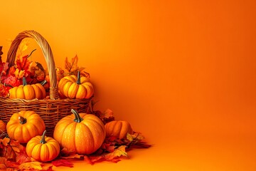 A rustic basket filled with pumpkins and decorative gourds on a bright orange background, celebrating autumn's harvest season
