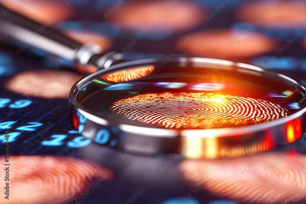 Poster exploring the intricacies of fingerprint analysis with magnifying glass for enhanced security