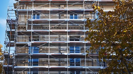 The facade of a building is covered in scaffolding. The scaffolding is made of metal poles and planks.