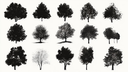 Fototapeta premium Trendy set of black silhouettes of trees on a white background, made with ink, rough brushstrokes. Generative AI