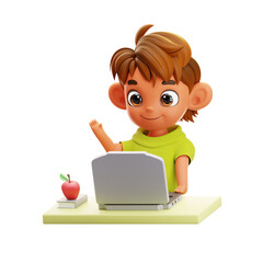 3D Illustration Boy Student Using Laptop