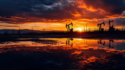 Oil pump jacks silhouetted against a vibrant sunset, reflecting in a water puddle on the ground.