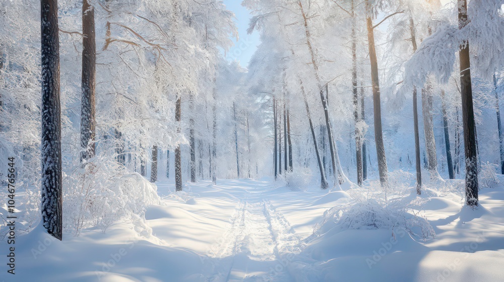 Poster a snowy path winds through a winter forest, sunlight filtering through the frosted trees.