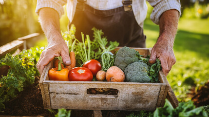 Farmer holding a wooden crate filled with fresh vegetables, harvested from a lush garden.