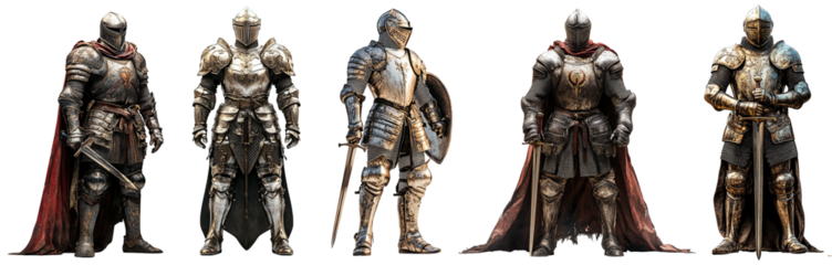 medieval armored knights standing confidently unique designs transparent background