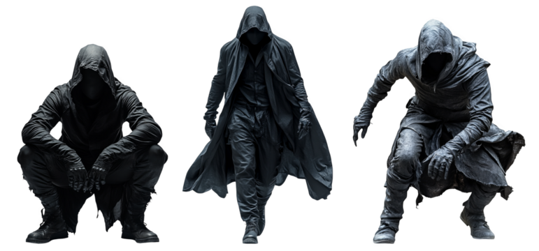 mysterious black cloaked figures striking dynamic poses transparent background