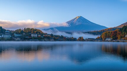 Mt. Fuji Reflected in Lake with Autumn Colors and Village