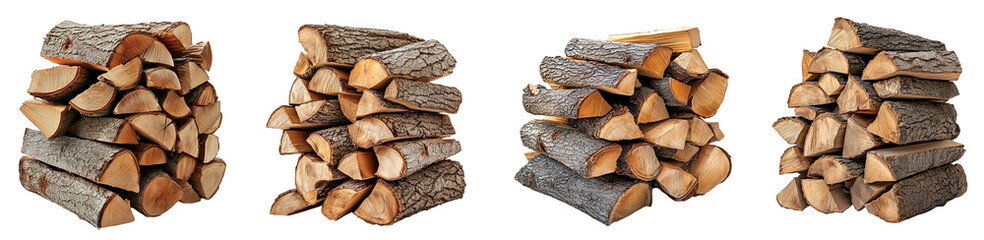 Stacked firewood logs natural woodpile different sizes shapes transparent background
