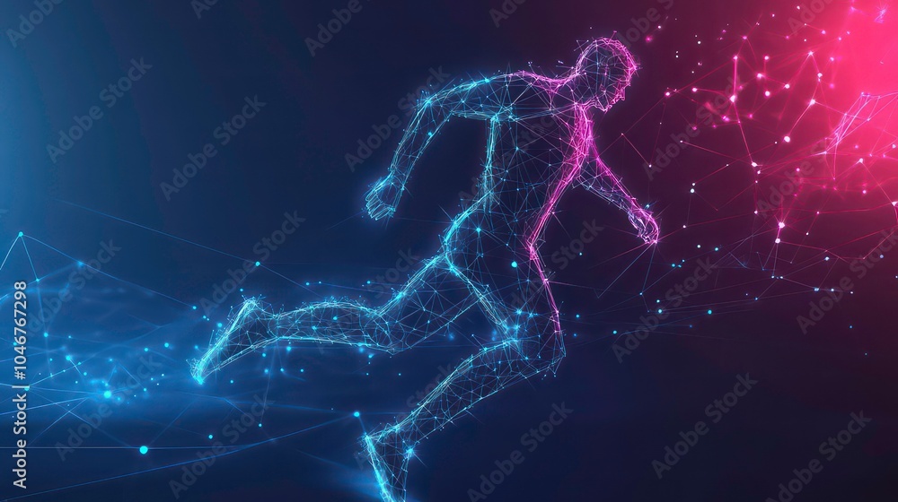 Poster a stylized digital illustration of a runner composed of connected glowing points in blue and pink on