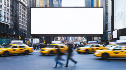 Busy New York City street with yellow taxis in motion and a blank billboard in the background.