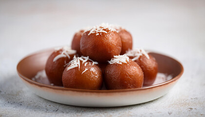 Gulab jamun with coconut in ceramic plate. Sweet confectionary. Delicious Indian dessert.