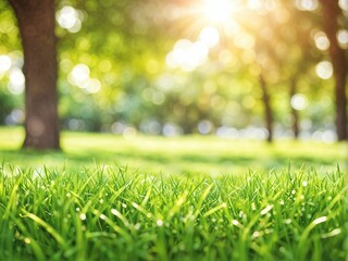 Fototapeta premium natural grass field lawn background with tree park outdoor back yard blurred bokeh and sun