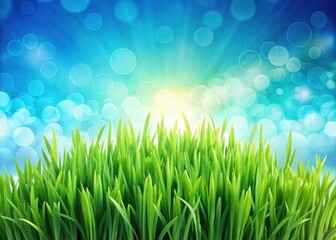 Fototapeta premium Vibrant Green Grass on a Blue Background - Nature's Beauty in Focus, Ideal for Freshness and Serenity Themes