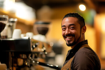 Naklejka premium A male coffee shop barista of mixed race smiles warmly while working behind the espresso machine in a cozy cafe setting