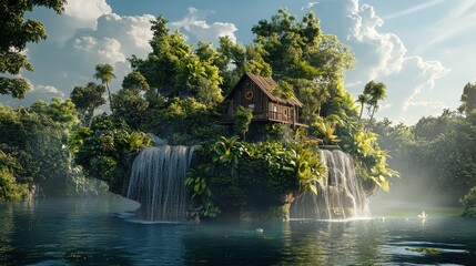 Fototapeta premium Floating Island with Lush Vegetation and Waterfalls