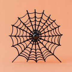 Fototapeta premium Spiderweb 3D with Halloween Theme on Contrasting Plain Orange Backdrop Creepy Eerie Scary Seasonal Ornament or