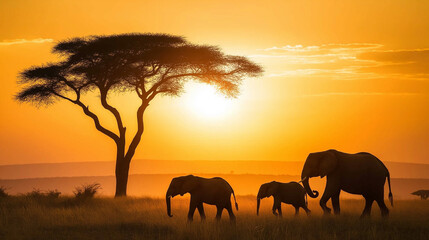 Obraz premium Family of elephants walking by an acacia tree during a vibrant sunset in the African savanna.