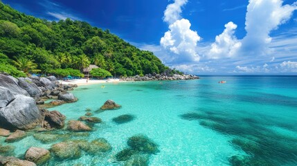 Fototapeta premium Exciting ocean activities such as snorkeling or surfing, with vibrant marine life visible under crystal-clear waters, capturing the thrill of adventure.