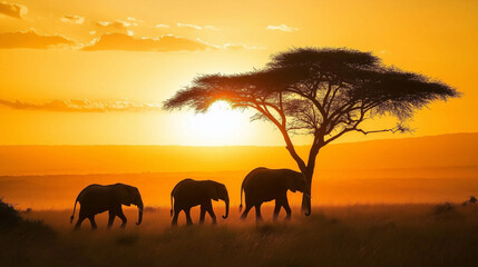 Fototapeta premium Family of elephants walking by an acacia tree during a vibrant sunset in the African savanna.