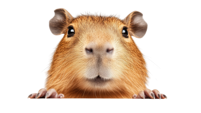 A close-up view of a capybara looking curiously at the viewer, showcasing its distinctive features and soft fur. isolated on transparent background.