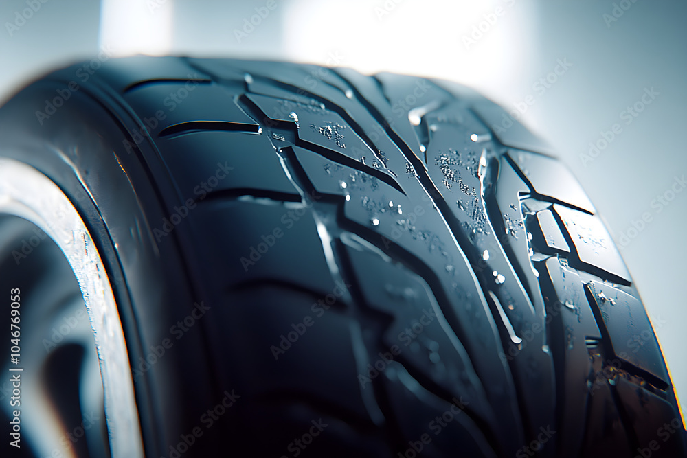 Poster a close-up of a clean shiny tire showcasing intricate treads and a smooth surface illuminated softly