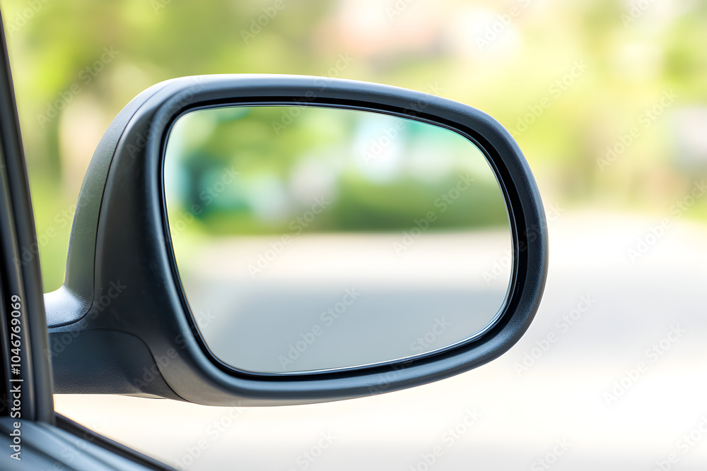 Poster a close-up of a side mirror reflecting an empty road and greenery in the background creating a sense
