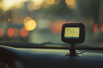 A close-up of a gps device mounted on a car dashboard, displaying a navigation screen with blurred urban background lights