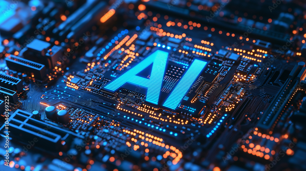 Poster blue ai letters glowing on a microchip, symbolizing artificial intelligence technology.