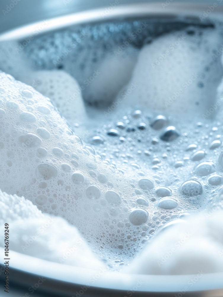 Poster the washing machine drum shows white towels submerged in bubbly water as they soak during the laundr