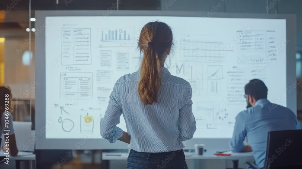 Poster a group of professionals analyzing data on a large screen in an office setting.