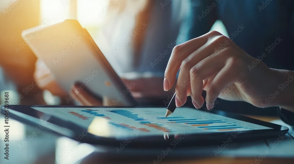 Poster a person analyzing data on a tablet with a stylus, while another uses a device in the background.