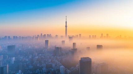 Naklejka premium Aerial view skyscrapers rising above dense fog during sunrise.