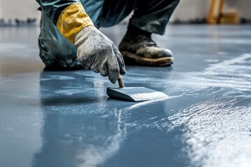 A worker applies a sealant to a new floor. This photo is great for illustrating a new construction or renovation project.