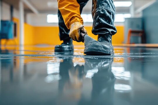 A worker applies epoxy floor coating. This photo can be used to showcase the process of applying epoxy flooring for commercial or industrial spaces.