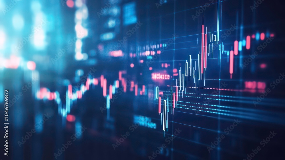 Leinwandbilder A close-up of a computer screen displaying a stock market graph with red and blue lines and numbers.