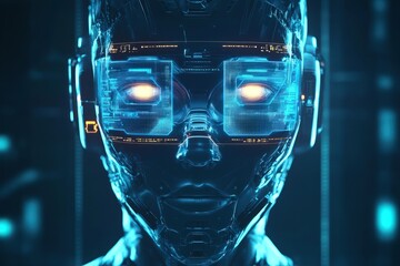 Robotic AI face with holographic screens and glowing eyes in a digital setting
