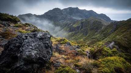 Fototapeta premium Rocky Mountain Landscape with Dark Boulder and Foggy Valley