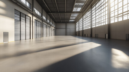Obraz premium Empty industrial warehouse with high ceilings, large windows, and concrete floors.